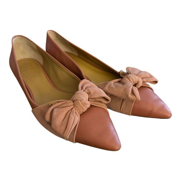 Tory Burch Flats Slip On Shoes Size 11 Mauve Pink Leather Suede Bow Logo - Picture 1 of 14